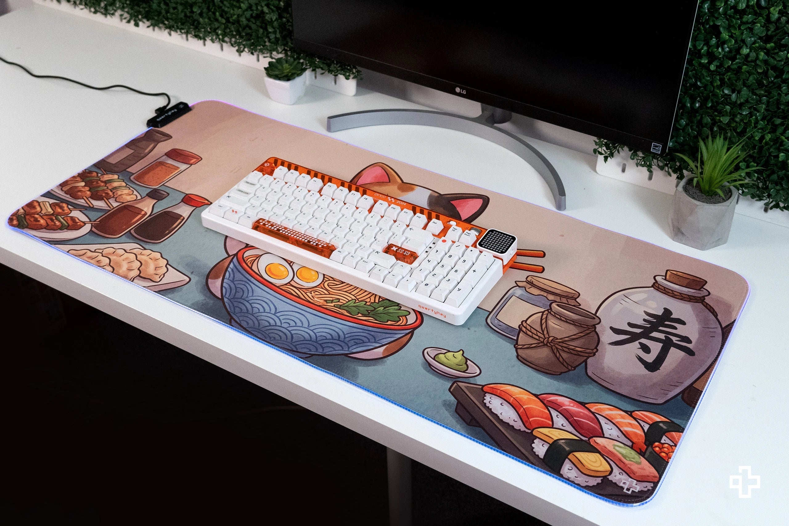 Deskmat / podkładka pod mysz Lucky Neko Ramen RGB, 4 mm, obszyte krawędzie