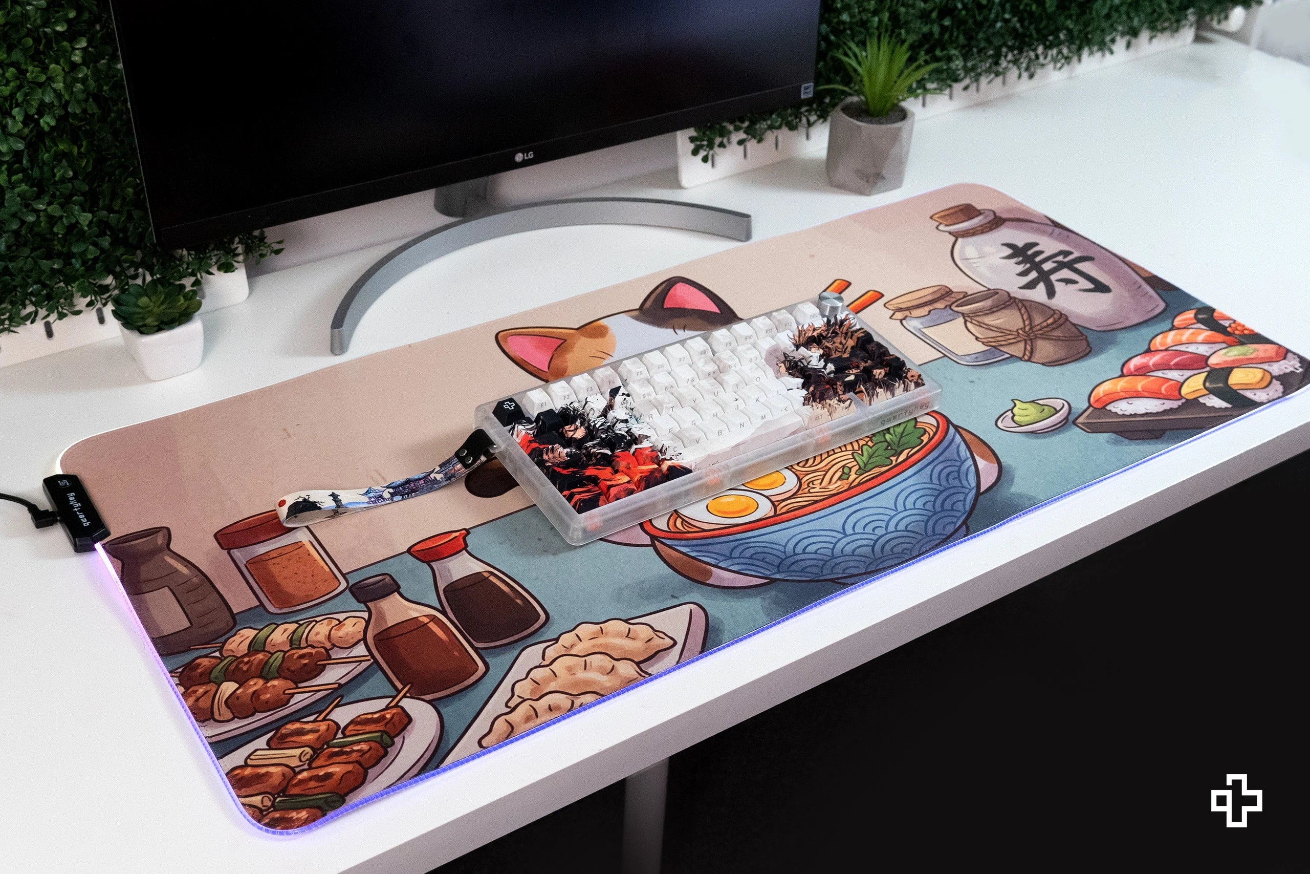 Deskmat / podkładka pod mysz Lucky Neko Ramen RGB, 4 mm, obszyte krawędzie