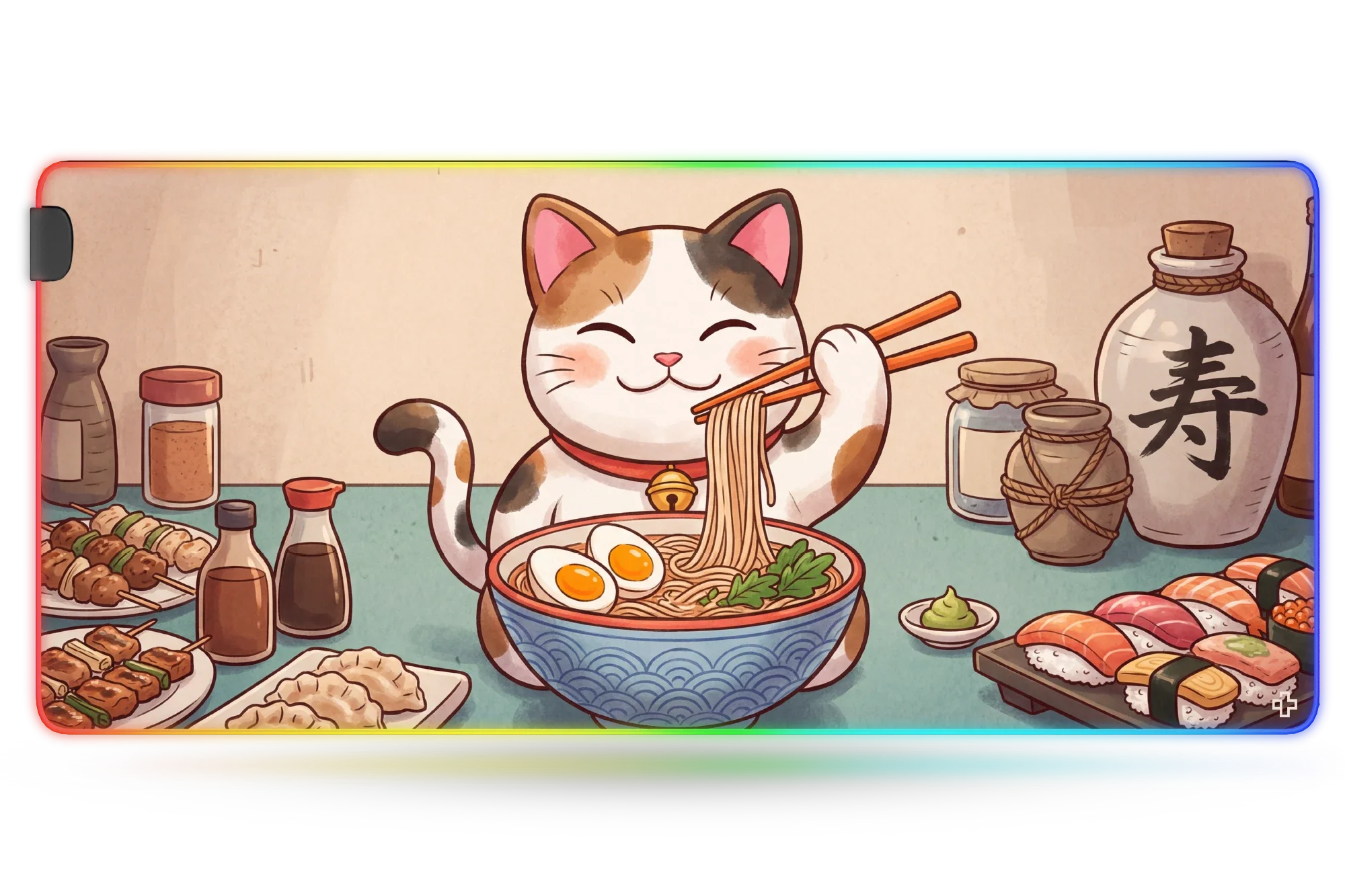 Deskmat / podkładka pod mysz Lucky Neko Ramen RGB, 4 mm, obszyte krawędzie